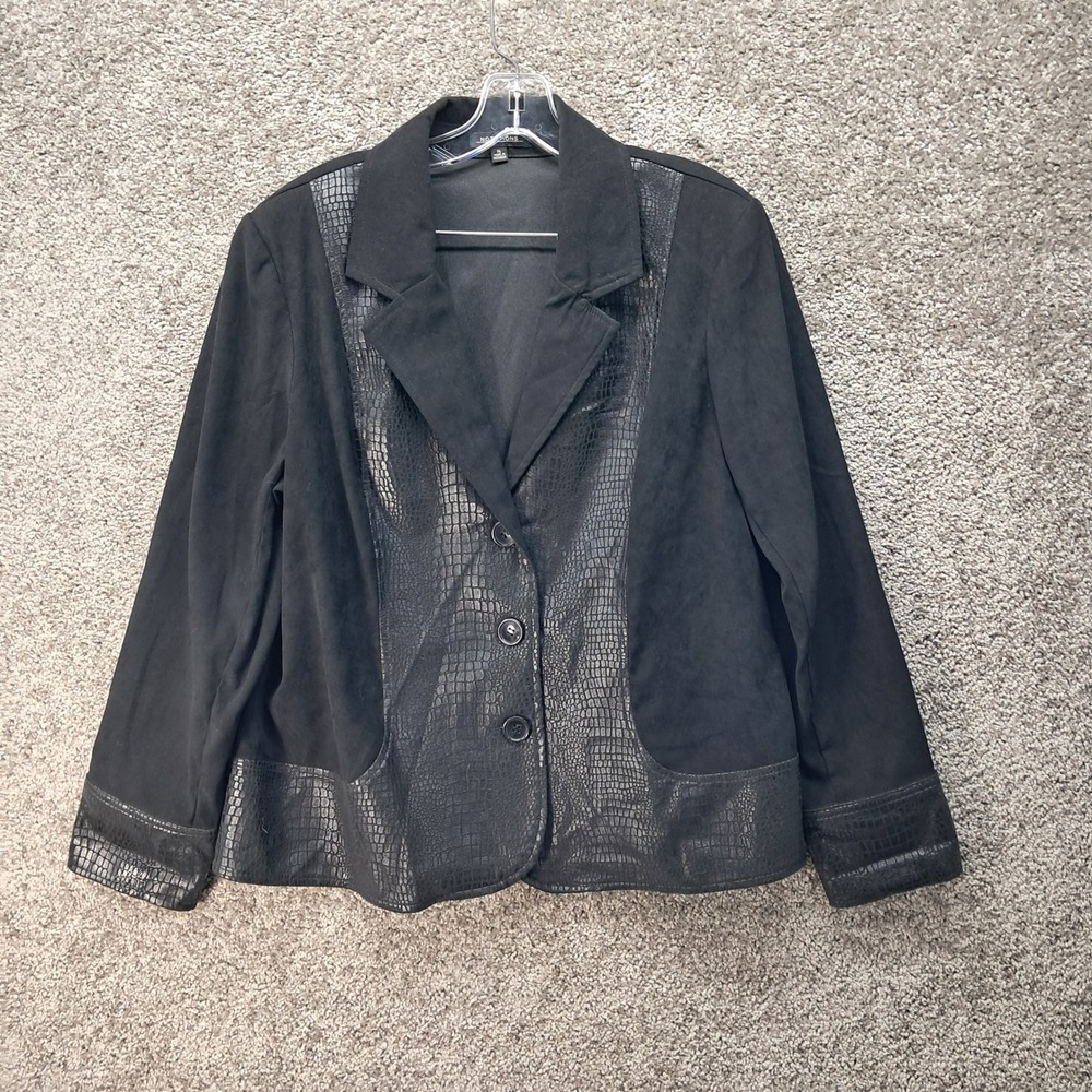 Notations Womens XL Black Faux Suede Crocodile Trim 3 Button Blazer Jacket